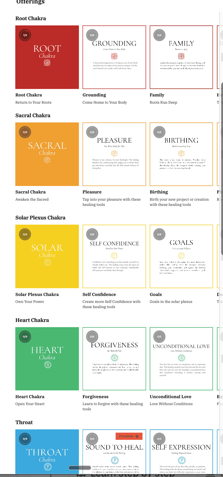 The Real Healing app showing chakra-based healing offerings